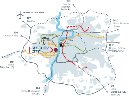 Mapa dopravní dostupnosti projektu SM1